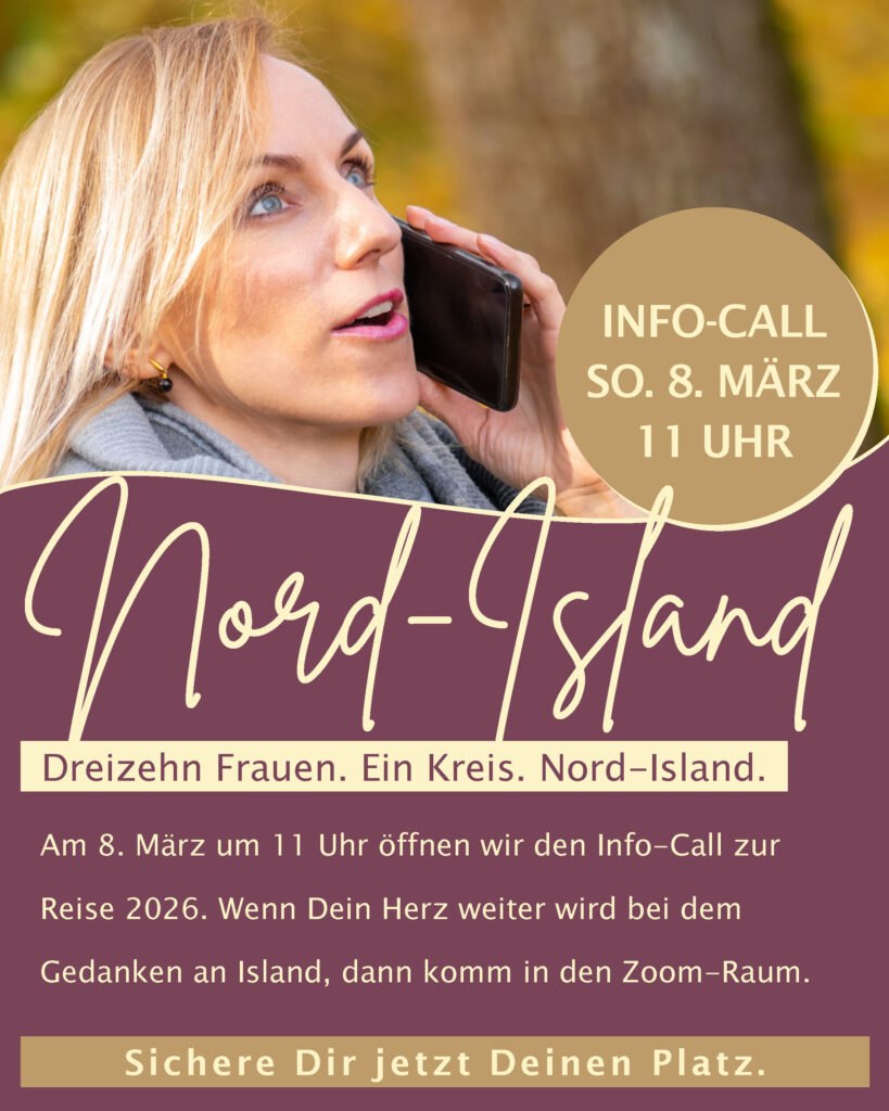 Pop-up zur Frauenreise nach Nord-Island 2026 mit Info-Call am 8. März um 11 Uhr und Porträt einer Frau am Telefon.
