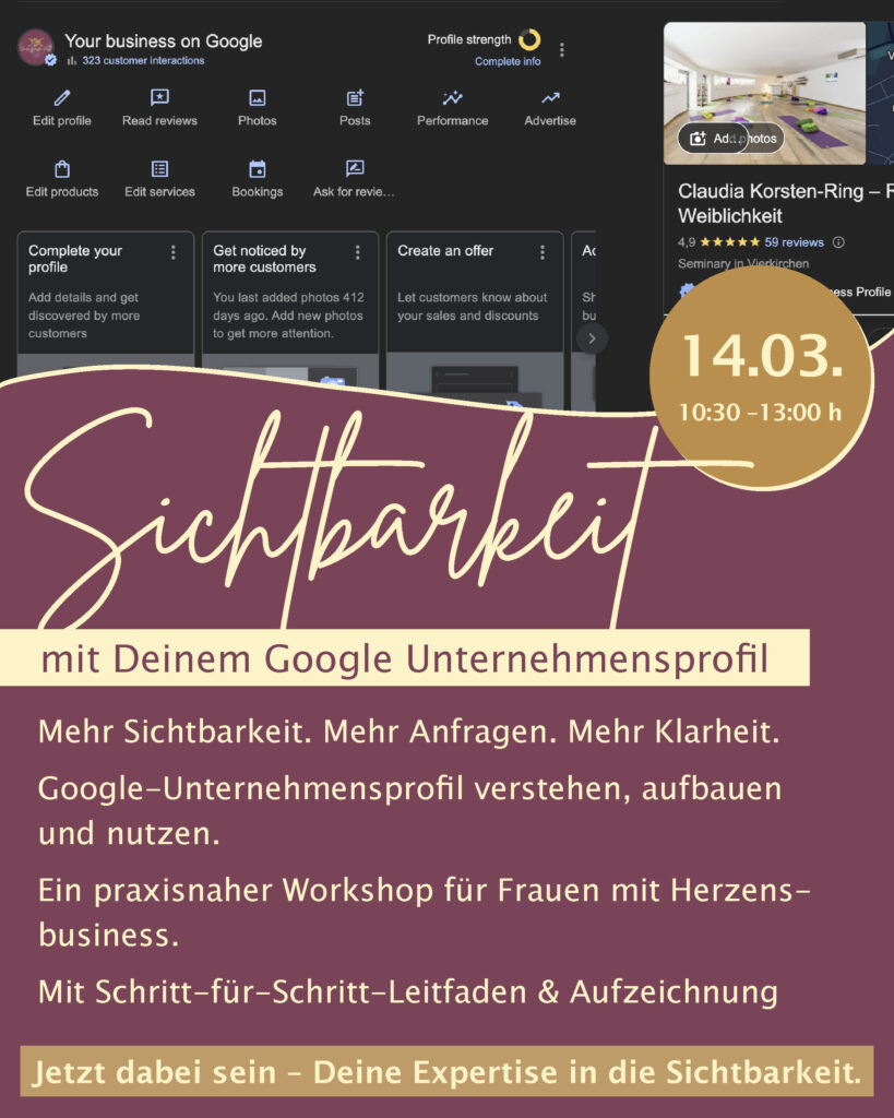 Online-Frauen-Workshop Google-Unternehmensprofil erstellen und optimieren am 14.03., 10:30–13:00 Uhr via Zoom, mit Leitfaden und Aufzeichnung.