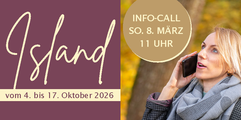 Grafik zur Frauenreise nach Nord-Island mit Info-Call am 8. März um 11 Uhr. Porträt einer Frau im goldenen Licht, links burgunderfarbener Hintergrund mit Reisedatum 4. bis 17. Oktober 2026.