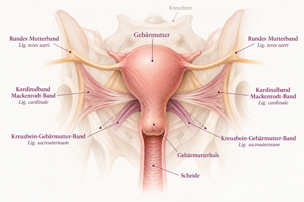 Anatomische Darstellung der Gebärmutter mit rundem Mutterband, Kardinalband und Kreuzbein-Gebärmutter-Band