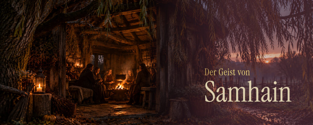 Dunkle, strohgedeckte Hütte im Wald, erleuchtet von warmem Feuer- und Kerzenlicht. Schriftzug: „Der Geist von Samhain“.