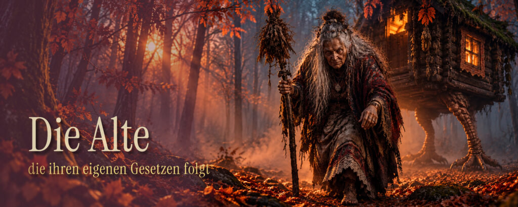 Baba Jaga als alte Frau mit langem grauem Haar und dunklem Gewand vor ihrer Waldhütte im herbstlichen Abendlicht. Schriftzug: „Die Alte – die Hüterin der ersten Grenzen“.