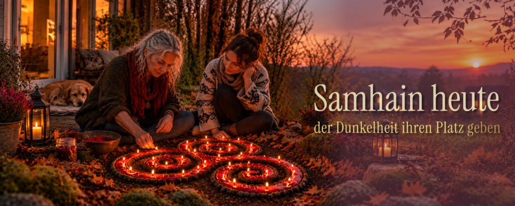 Zwei Frauen gestalten im herbstlichen Garten bei Sonnenuntergang einen Kreis aus Naturmaterialien und brennenden Kerzen. Im Hintergrund leuchten weitere Lichter.